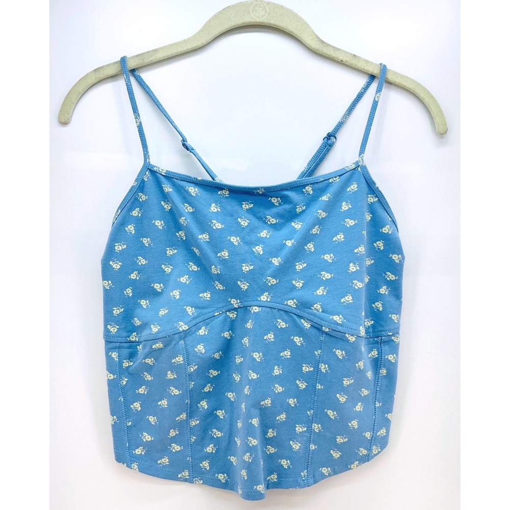 Blue Floral Strappy Corset Cropped Cami Tank Top Sz XL Cottagecore Coquette Twee